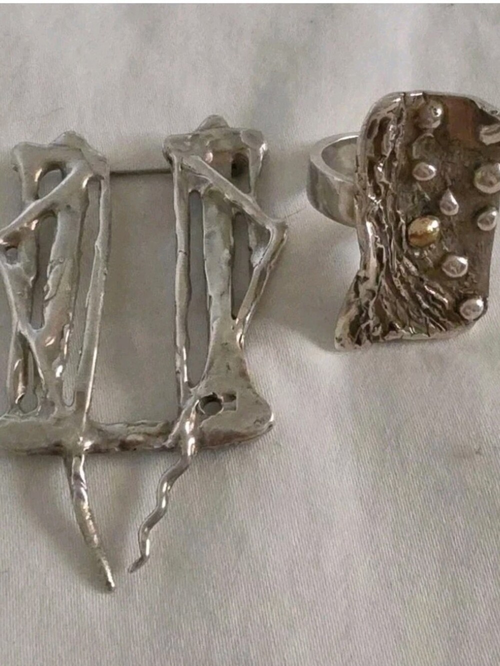 Handmade Adina Israeli Silver 18K Yellow Gold Modernist Jewelry Set Rings